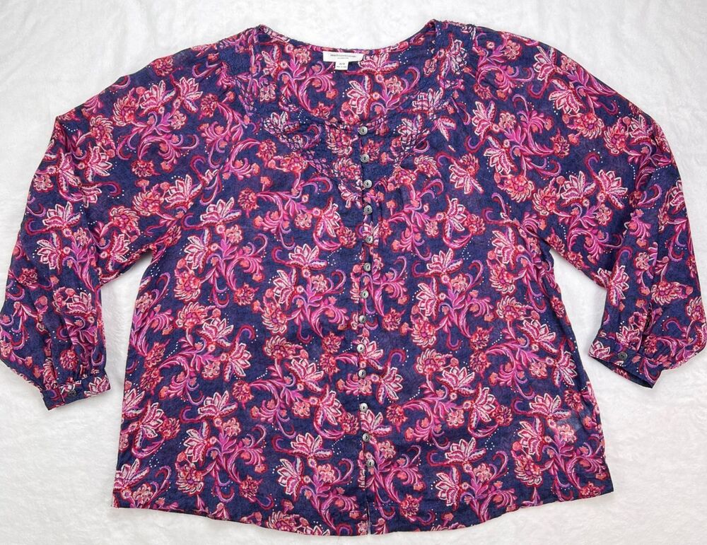Beach Lunch Lounge Flowy Boho Peasant Top Sheer Purple Floral Button Front M